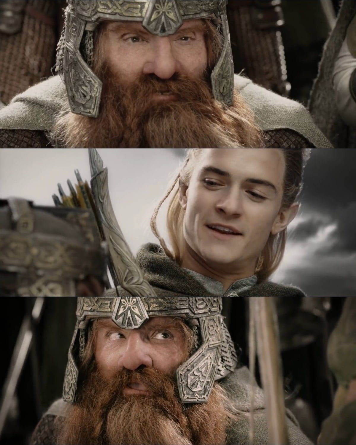 Aye, I Could Do That Blank meme template: Three horizontal panels: Top panel shows a stern-faced dwarf. Middle panel shows an elf looking back with a slight smirk. Bottom panel shows the dwarf again, looking concerned.