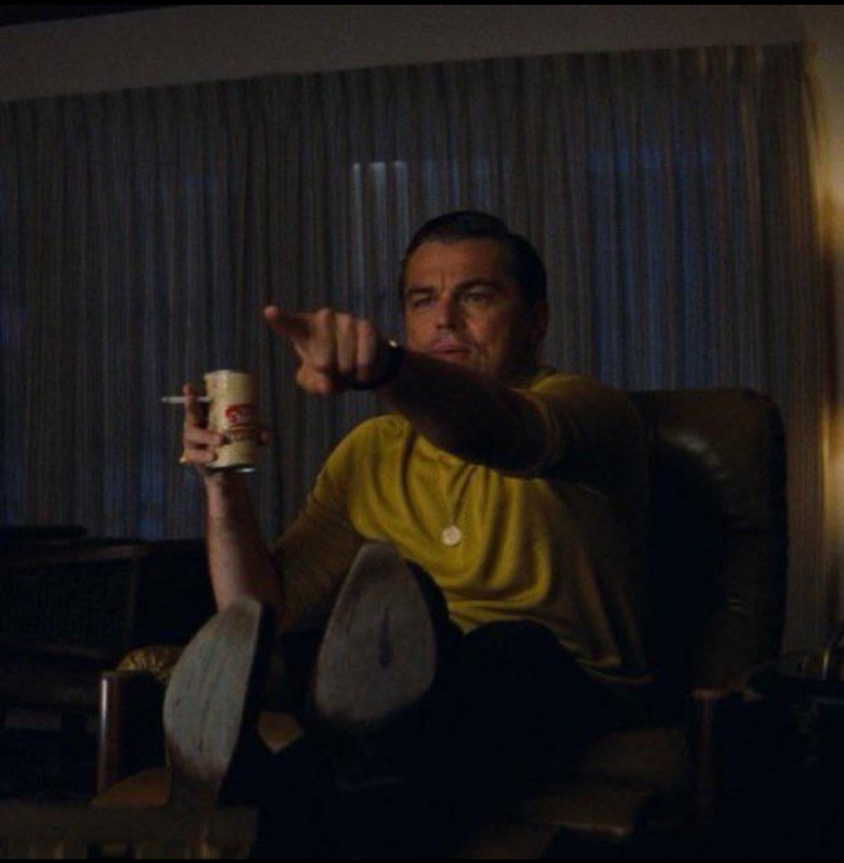 Leonardo DiCaprio Pointing meme template: Leonardo DiCaprio points toward something off screen with delighted recognition, turning a discovery or familiar detail into the visual reaction.