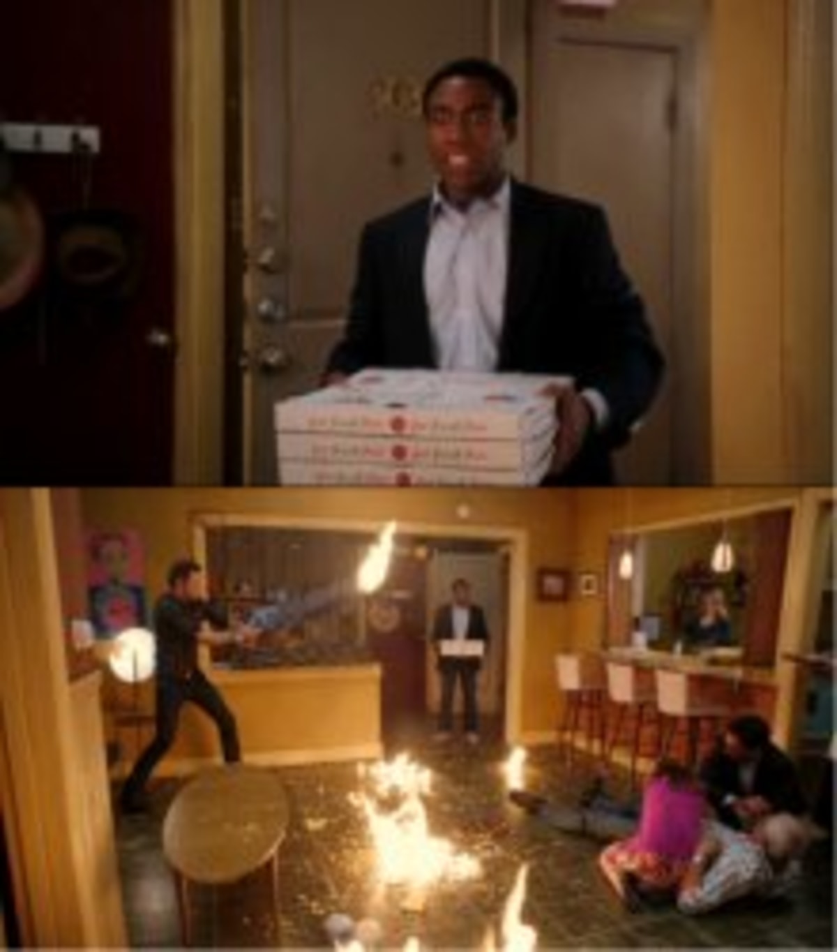 Community Fire Pizza meme template: Top panel: A person in a suit carries multiple pizza boxes into a room. Bottom panel: The same person stands in a room that is on fire, with people around him reacting with panic.