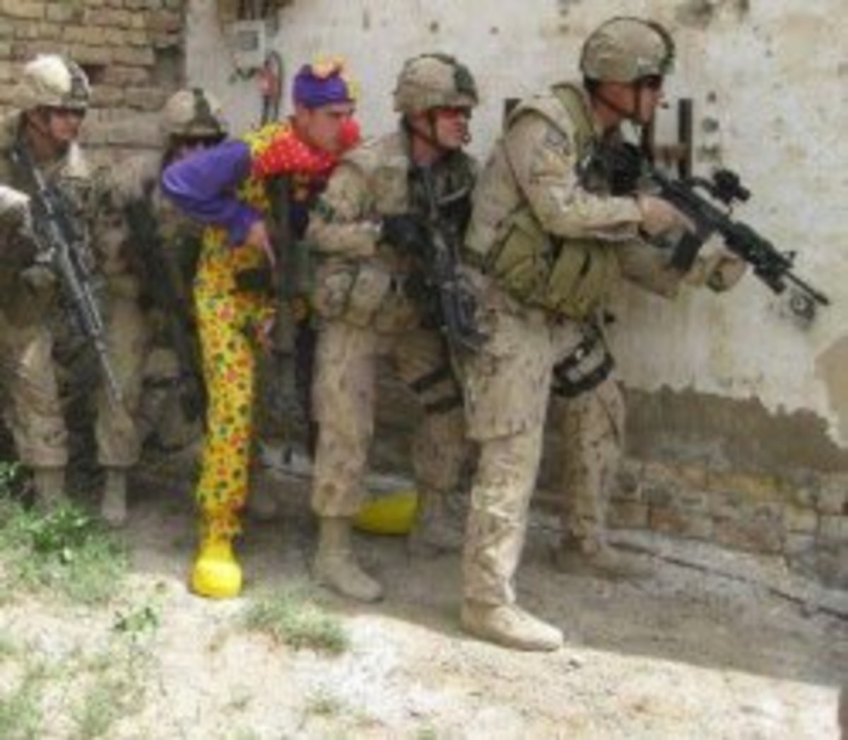 Army Clown meme template: A group of soldiers in tactical gear are moving in formation. One soldier in the middle is wearing a clown costume.