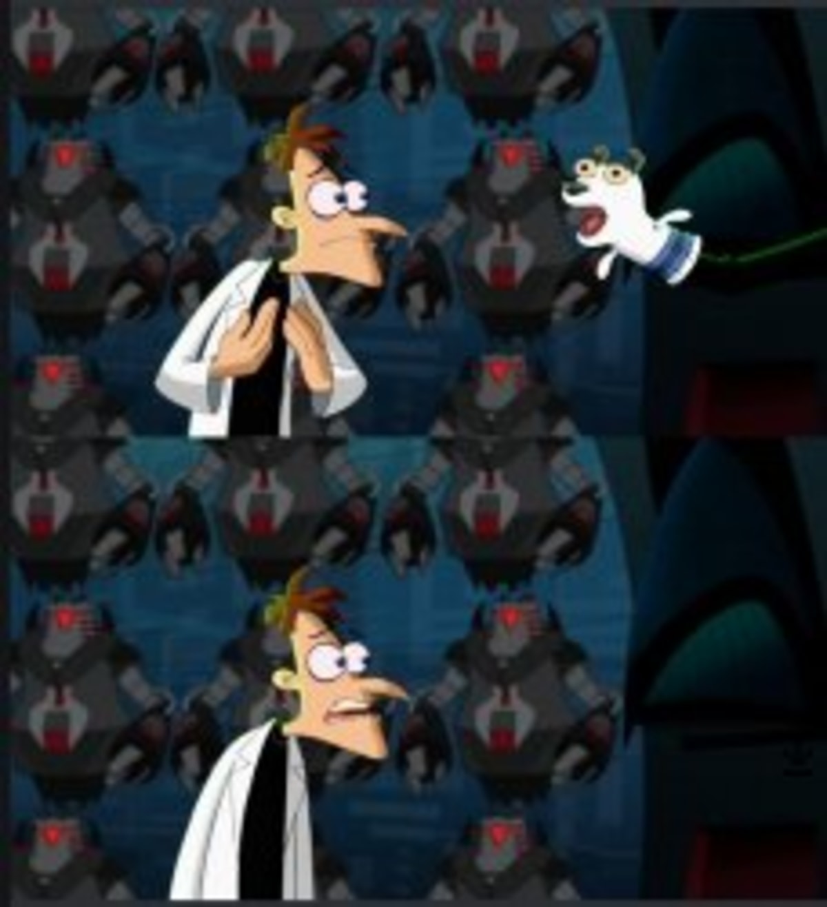 2 Nickels meme template: Two panels of Dr. Doofenshmirtz looking shocked/disgusted, with Perry the Platypus's hand appearing from the right in the first panel. The background is a dark room with multiple identical robots.