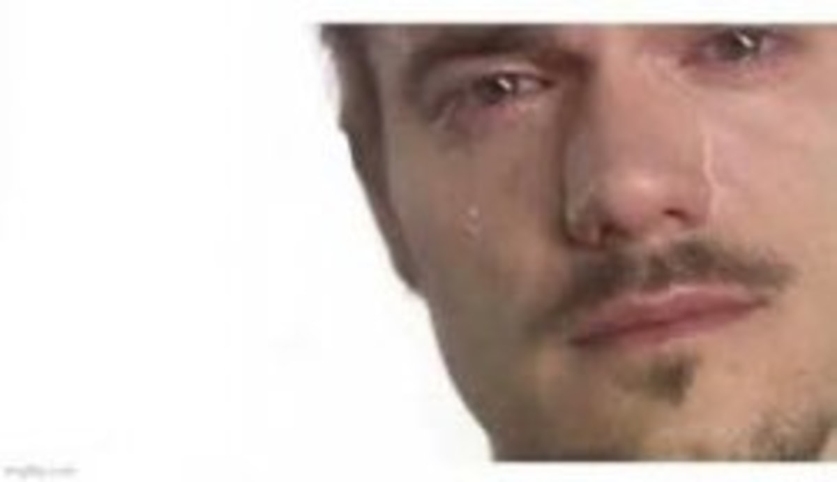 Bro Please Bro meme template: Close-up of a man's face, crying with tears streaming down his cheeks.