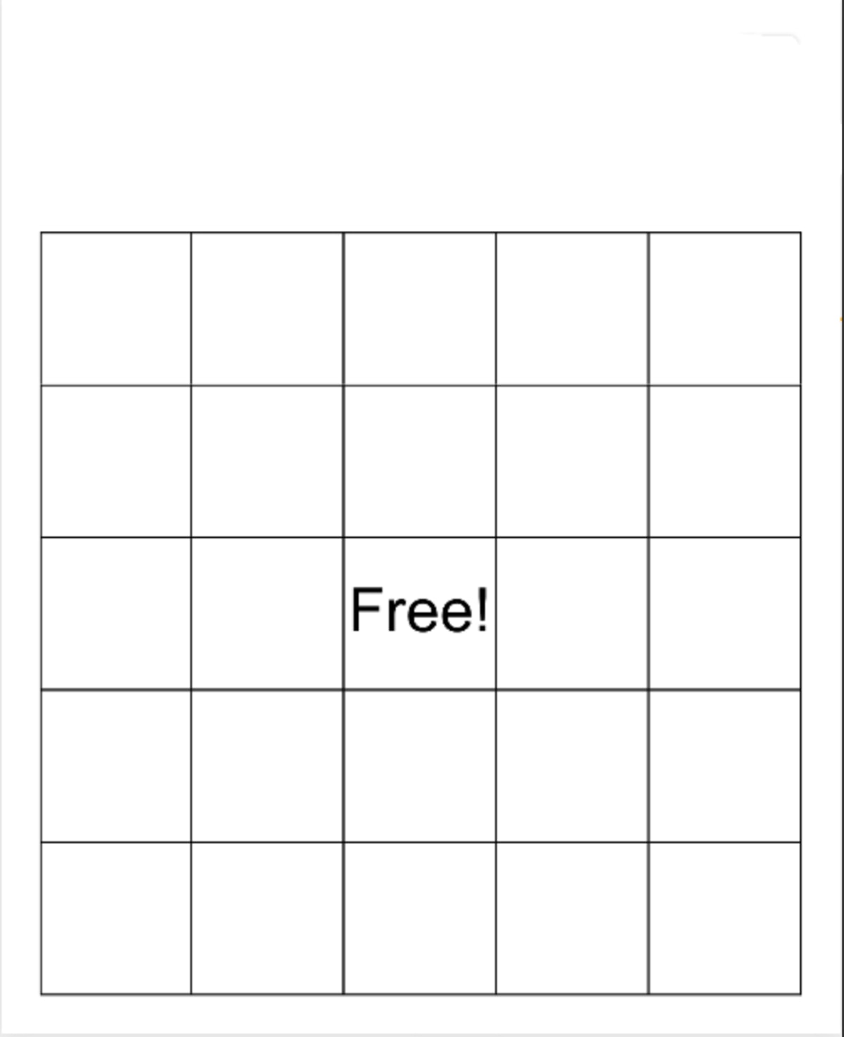 Blank Bingo meme template: A 5x5 grid with a 'Free!' space in the center square.