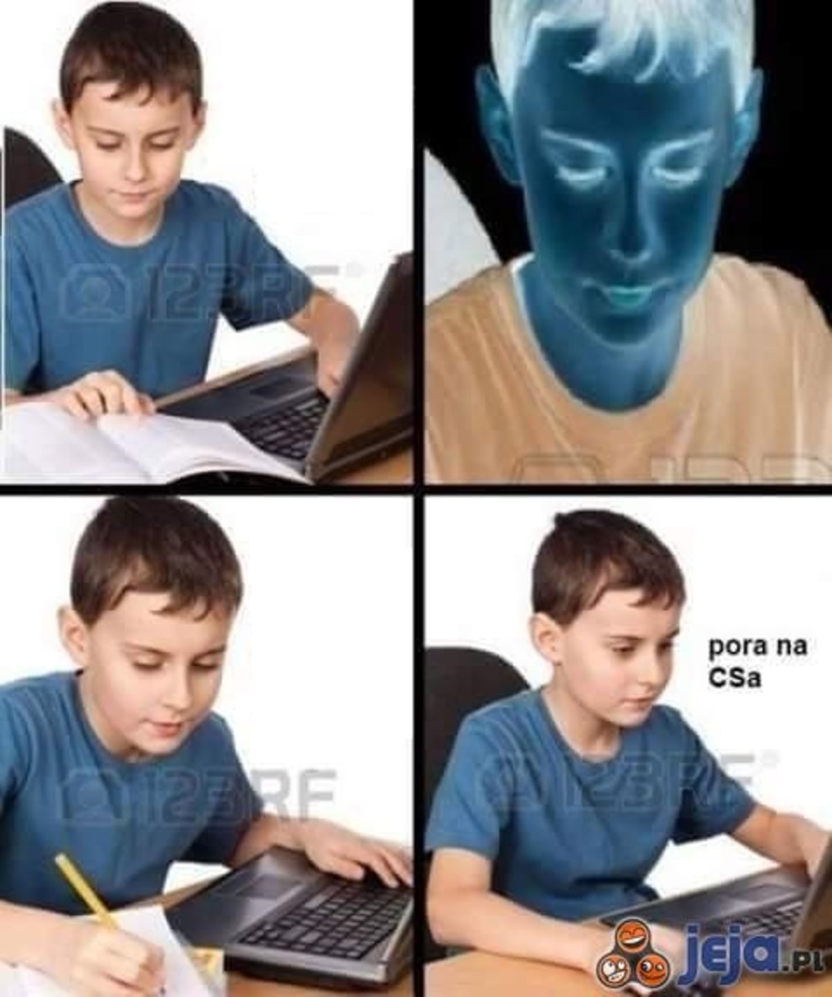 Czas Na Csa meme template: Four vertical panels showing a young boy at a laptop. The first and third panels show him focused on schoolwork. The second panel has his face inverted and colored blue, looking distressed. The fourth panel shows him playing a video game.