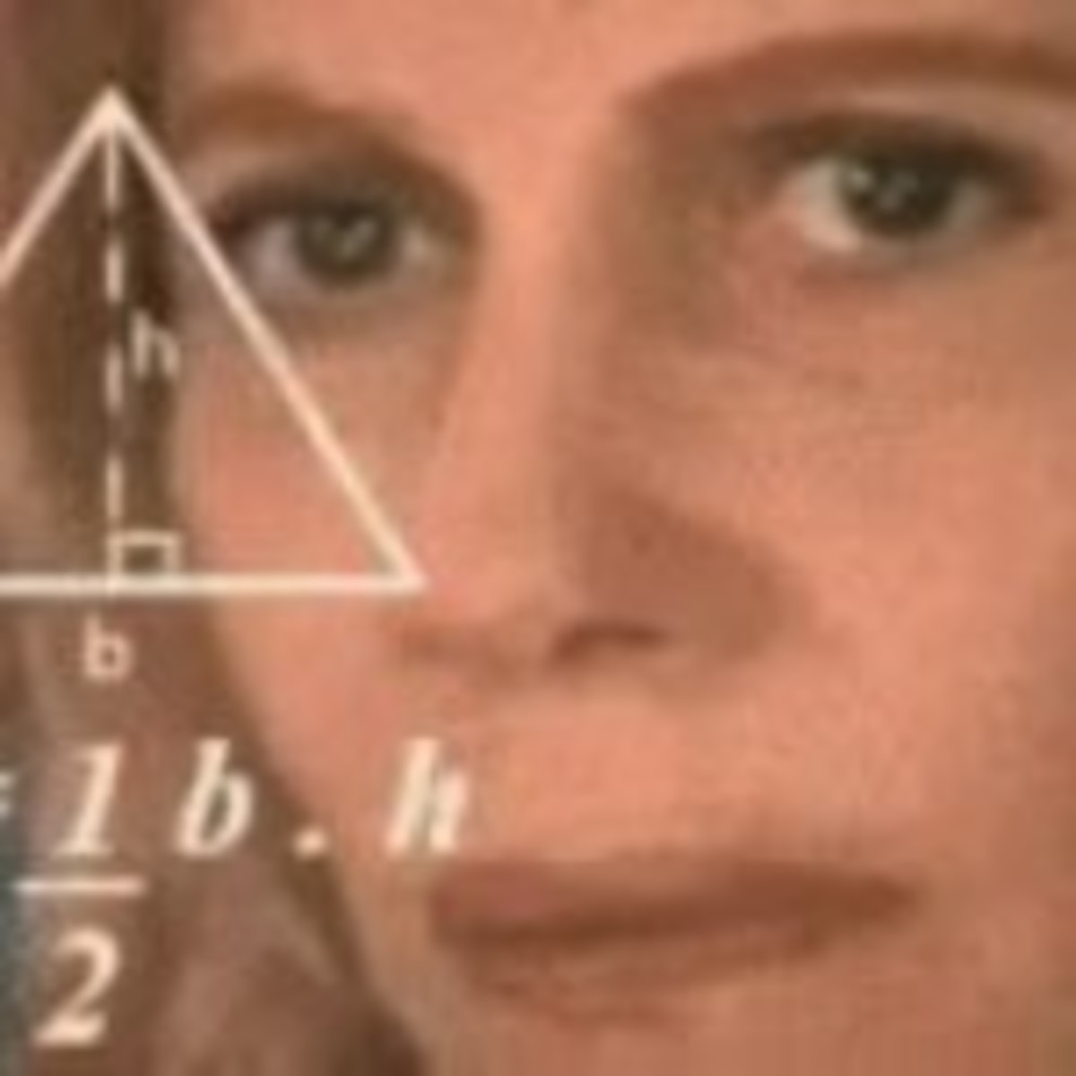 Confused Math Lady meme template: Close-up on a woman's face with a mathematical formula overlaid on her forehead, appearing confused or deep in thought.