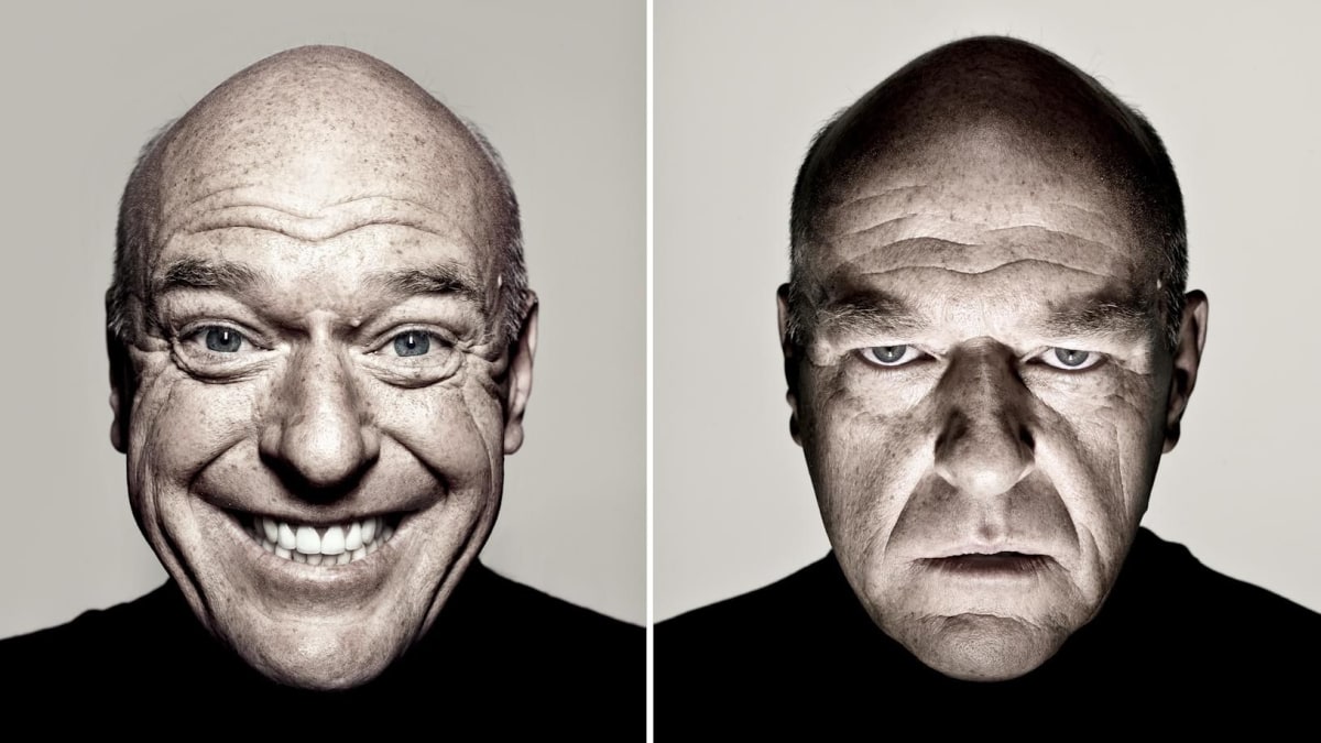 Dean Norris's Reaction meme template: Two vertical panels. The left panel shows Dean Norris smiling broadly. The right panel shows Dean Norris with a stern, angry expression.