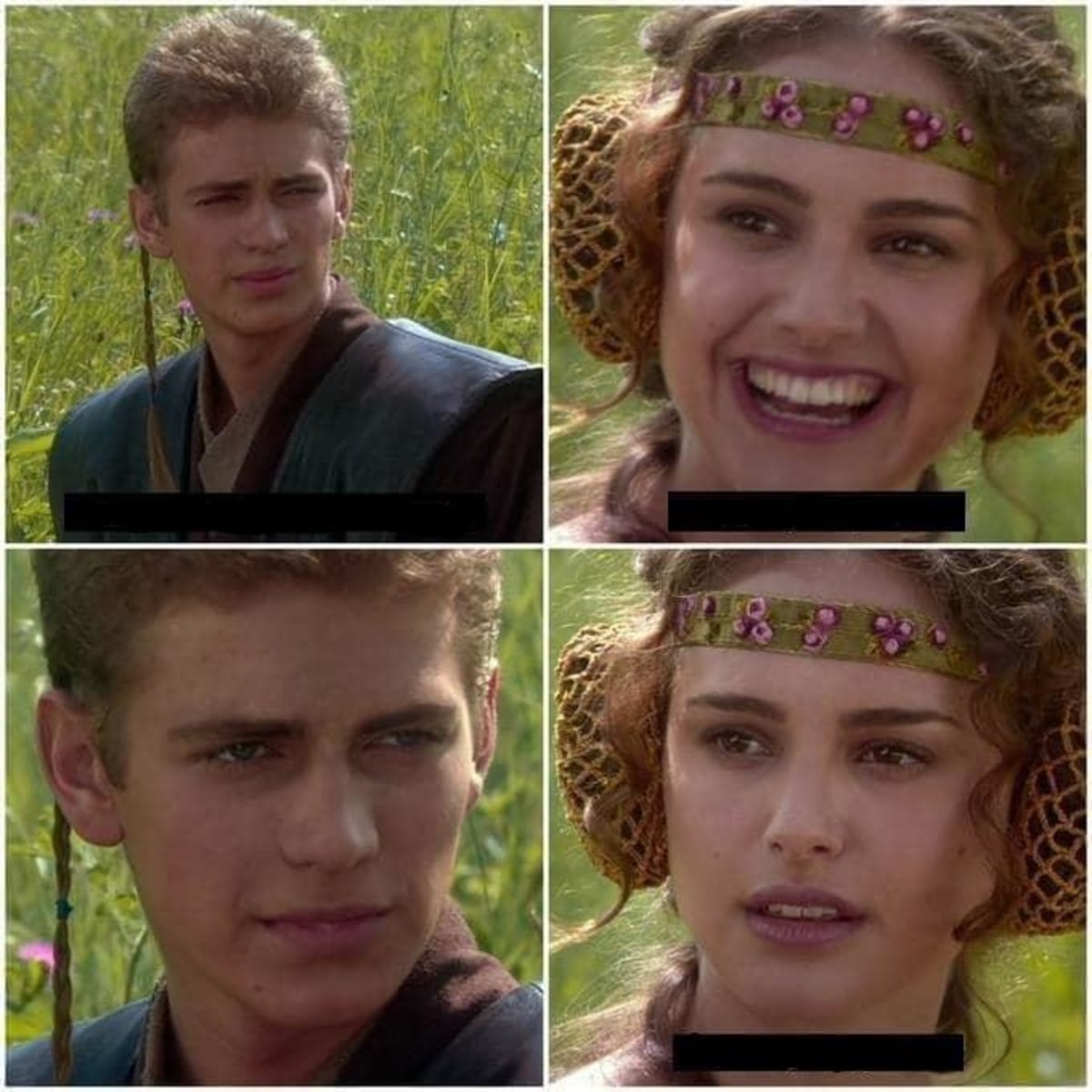 Anakin And Padme meme template: Four panels. Top left: a young man looking away with a serene expression. Top right: a young woman laughing heartily. Bottom left: the young man looking at the viewer with mild disapproval. Bottom right: the young woman looking away with a shocked or displeased expression.