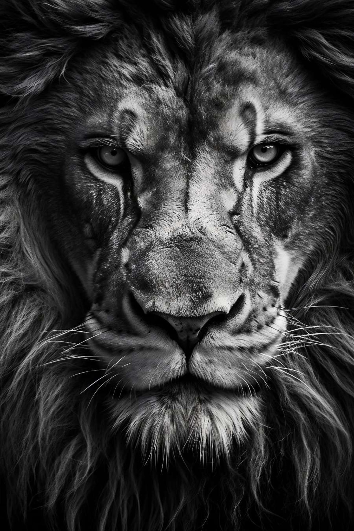 A Lion Doesn’t Concern Himseld meme template: Close-up, black and white portrait of a powerful lion, looking directly at the viewer with an intense gaze.