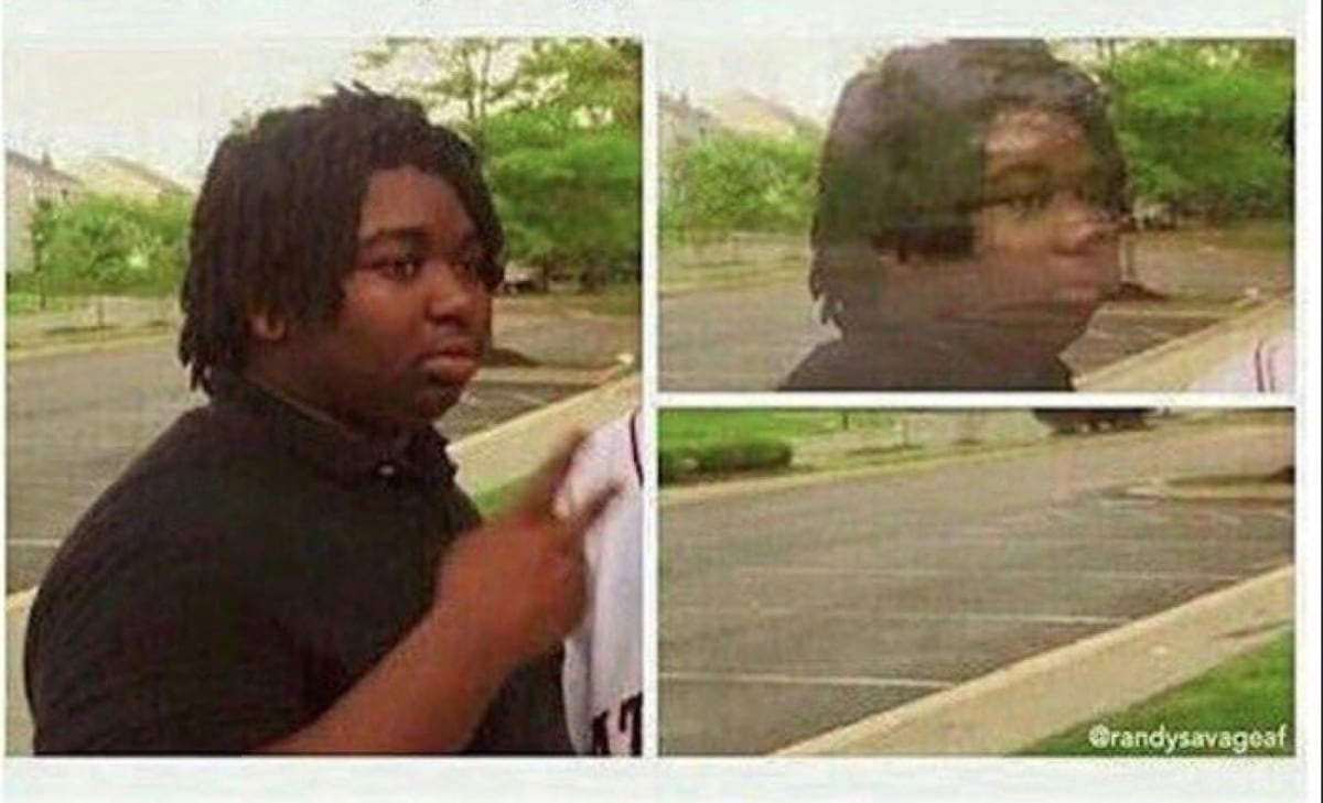 Black Guy Disappearing meme template: A split image. On the left, a Black man stands looking off to the side. On the right, there are two smaller images. The top right shows the man's head and shoulders from the shoulders up, seeming to fade out of view. The bottom right shows an empty parking lot.