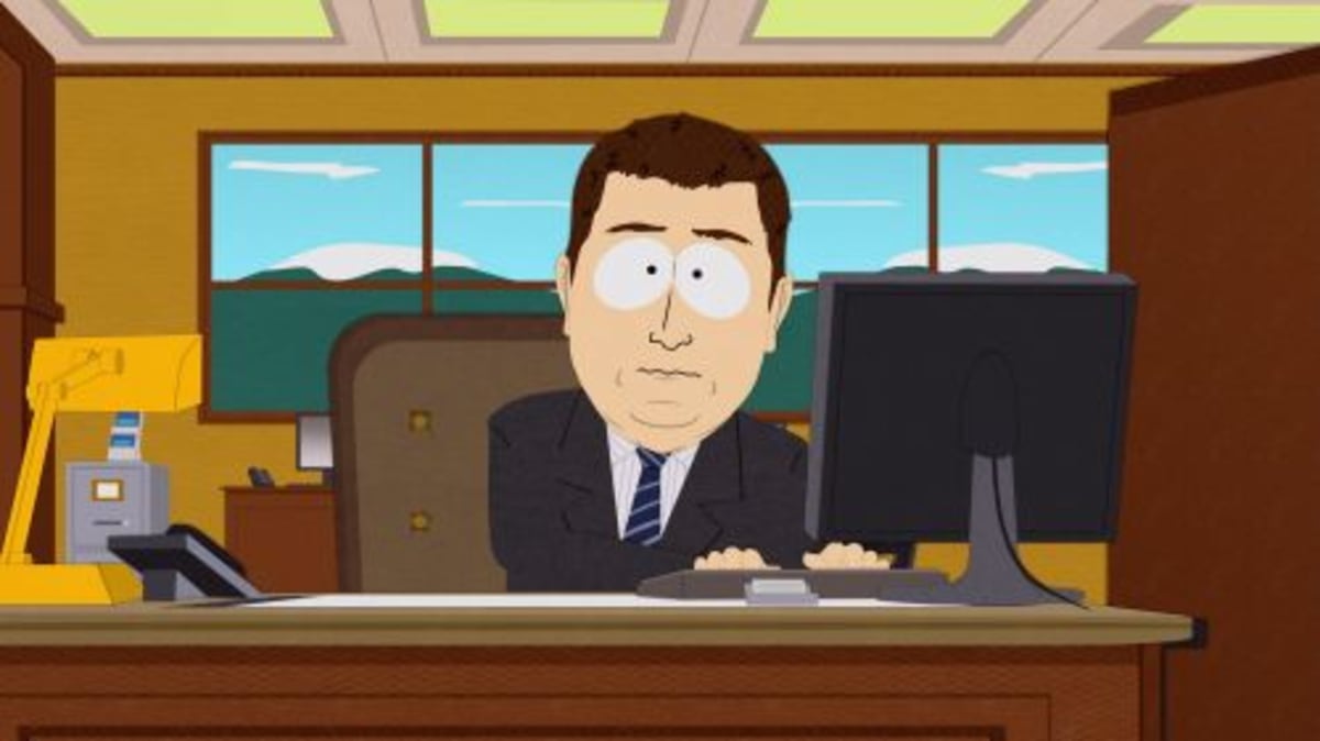 Aaaaand Its Gone meme template: A man in a suit sits at a desk in an office, looking confused at his computer screen.