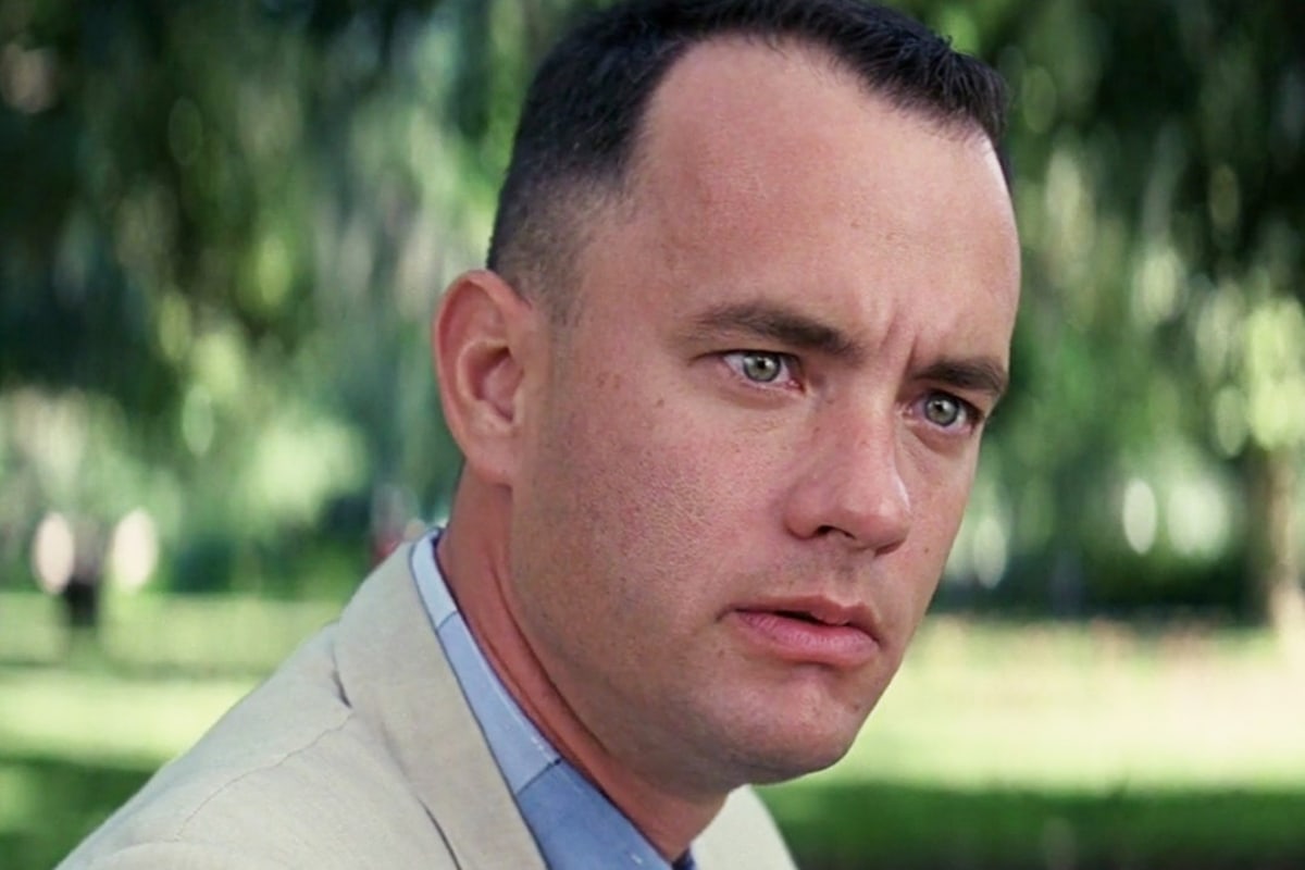 And Just Like That meme template: Close-up shot of Tom Hanks as Forrest Gump looking pensive, his brow furrowed.