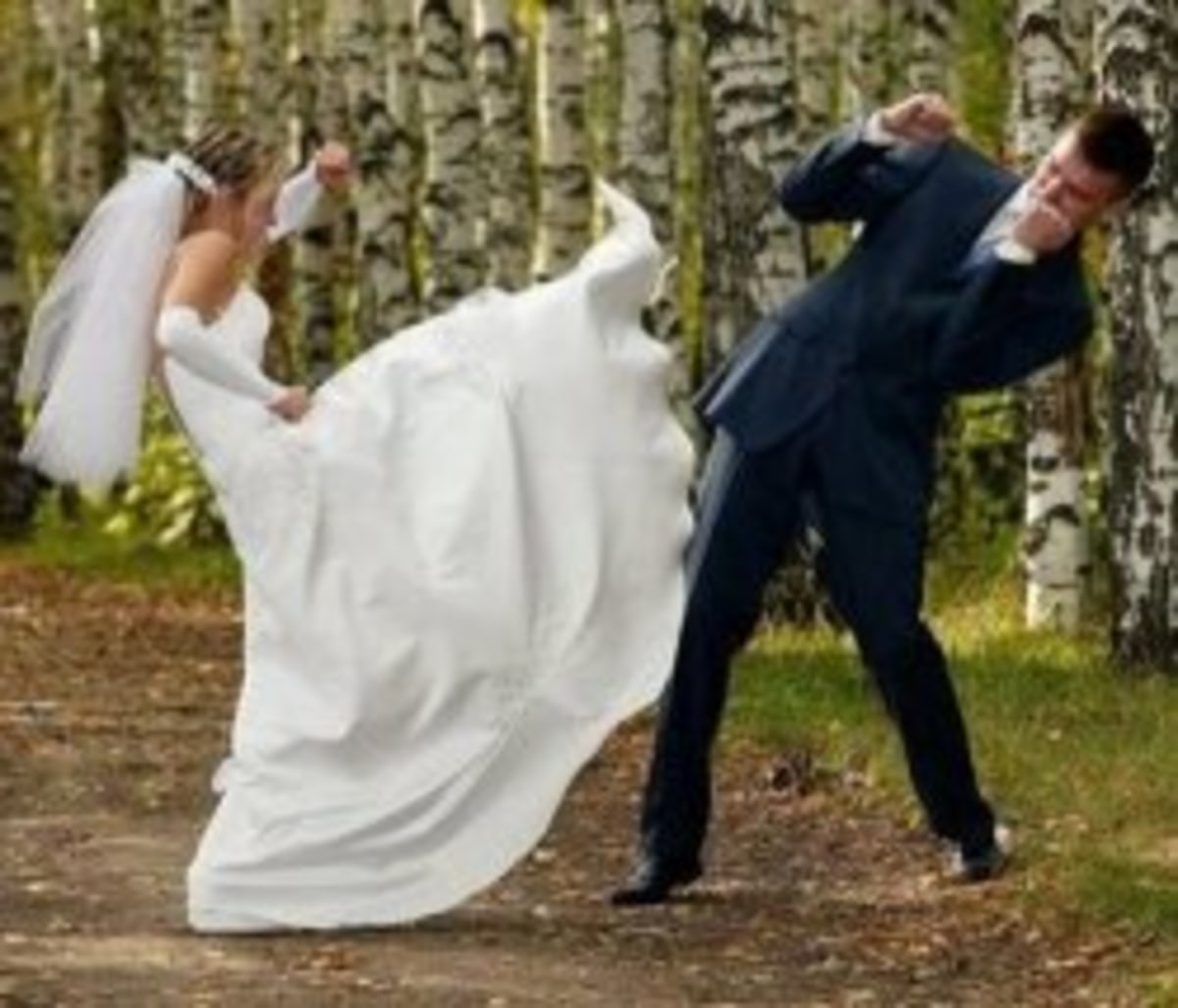 Angry Bride meme template: Bride in a wedding dress kicking groom in a suit.