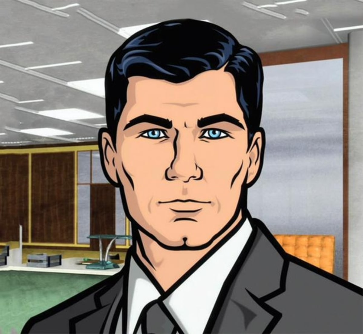 Do You Want Ants? meme template: A close-up of a man's face, Archer from the animated series "Archer", with bright blue eyes and a stern expression, set against an office background.