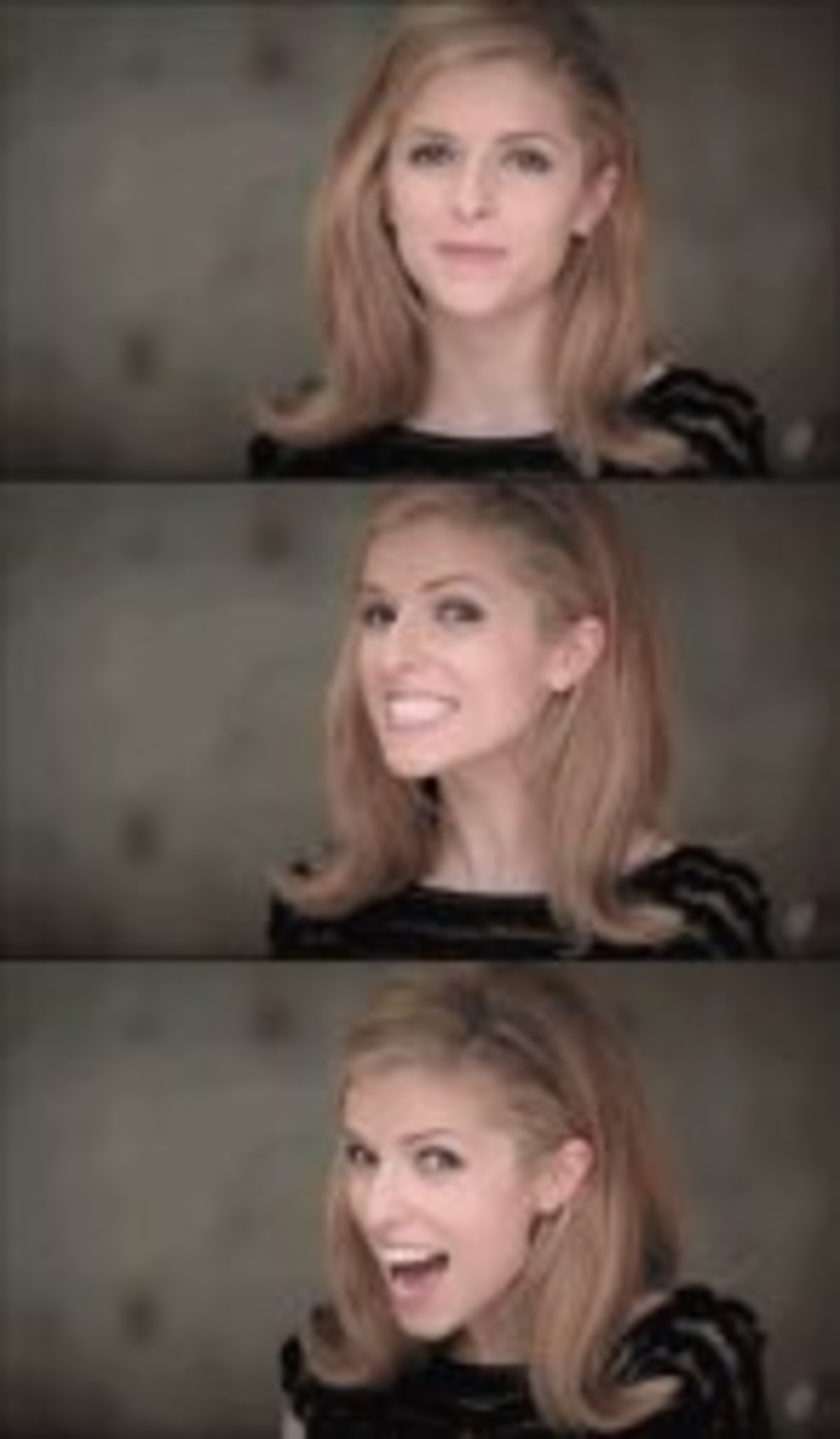 Bad Pun Anna Kendrick meme template: Three vertical panels of Anna Kendrick making a playful, mischievous, and then delighted face.