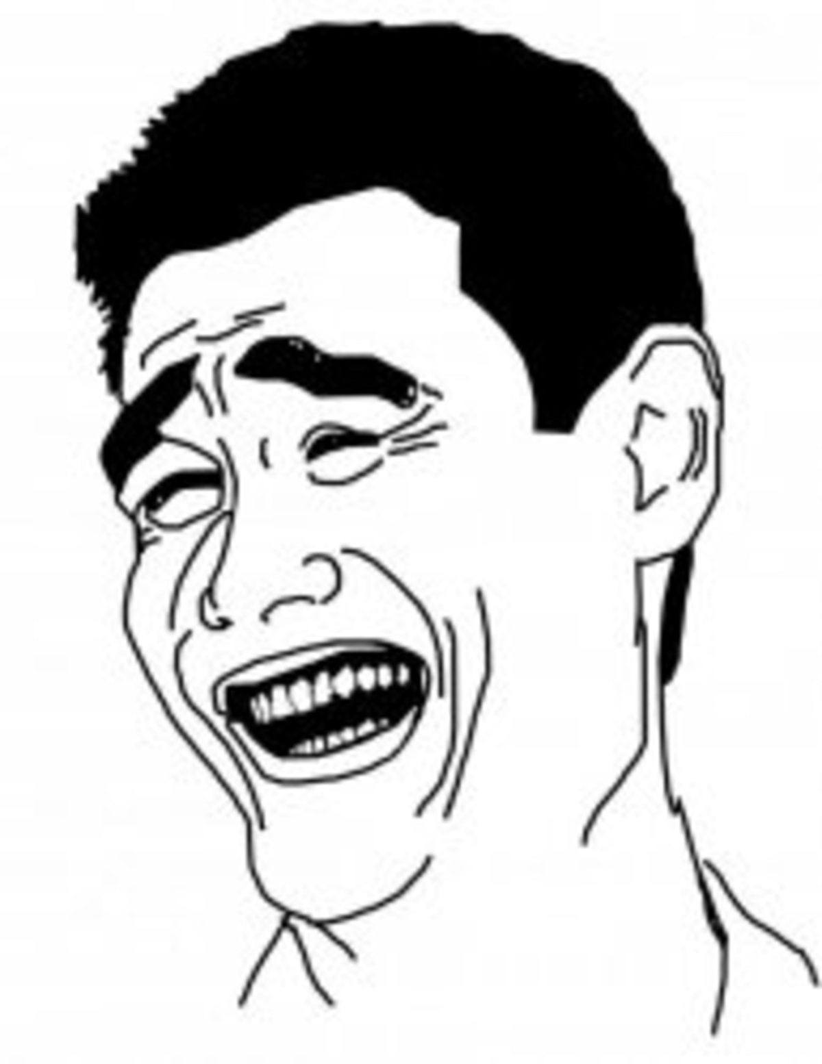 Bitch Please meme template: A drawing of a man with his eyes squeezed shut, face contorted in a mocking, incredulous laugh.