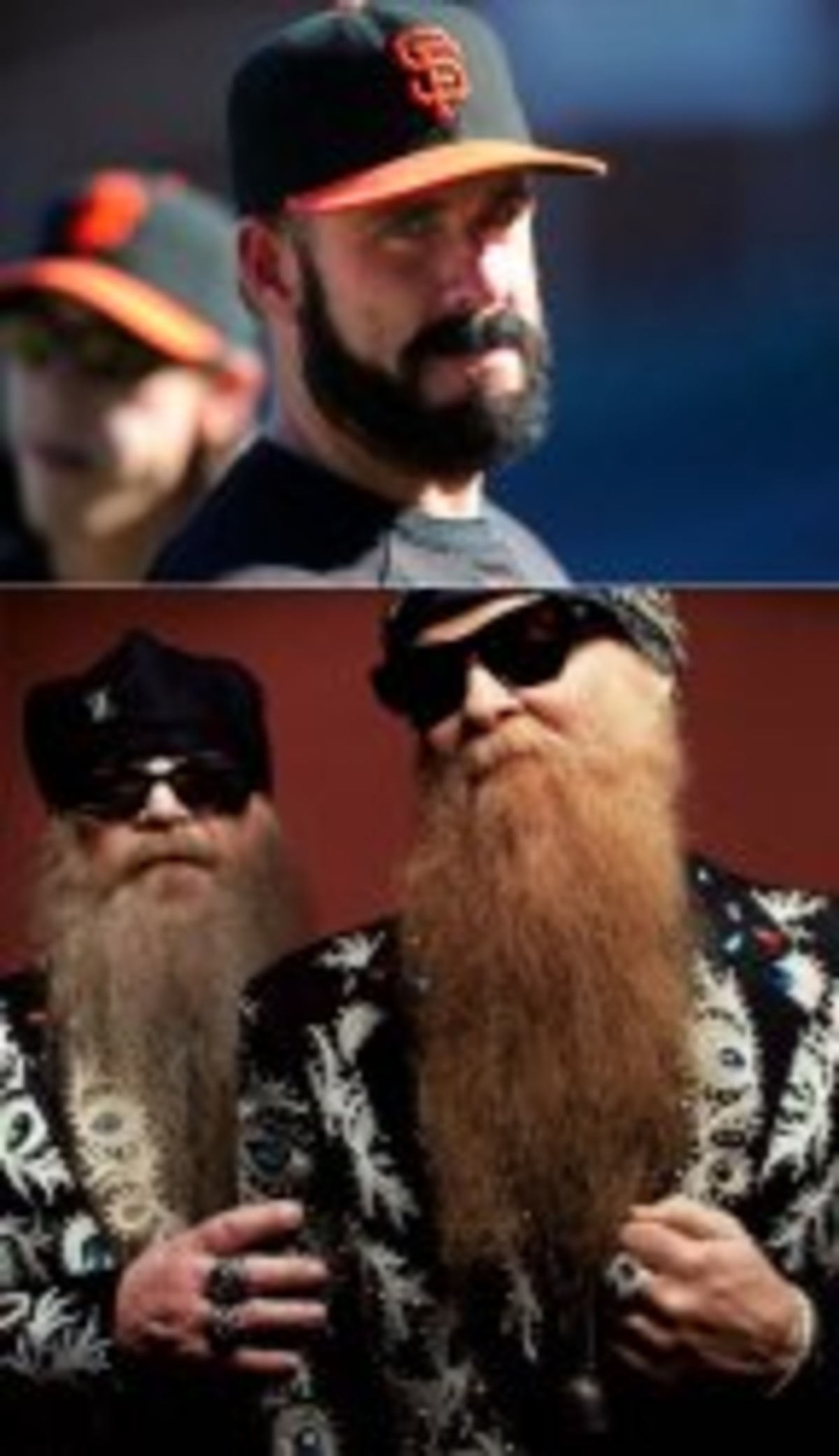 Brian Wilson Vs ZZ Top meme template: Top panel: A man in a baseball cap. Bottom panel: Two men with extremely long beards and sunglasses.