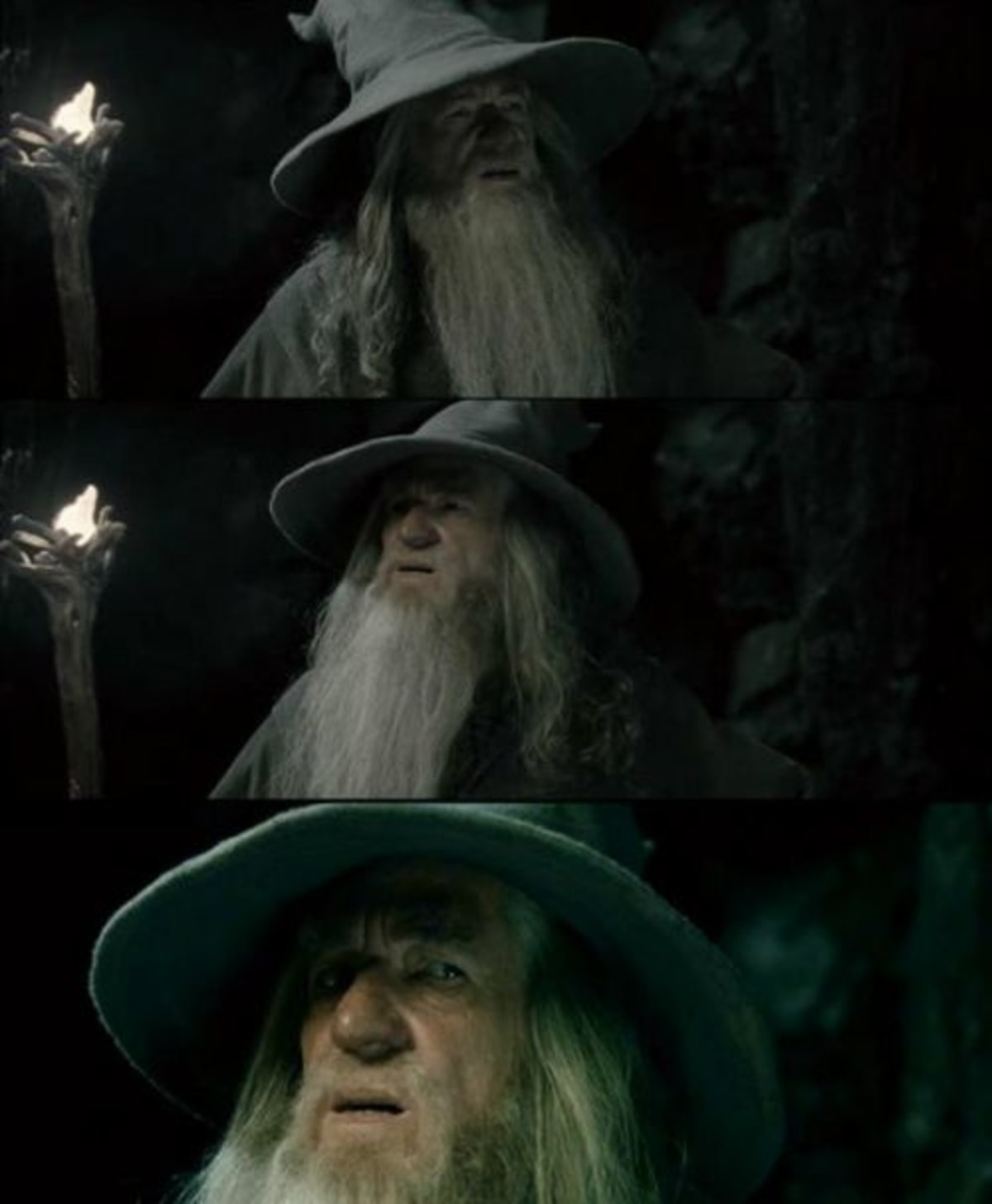 Confused Gandalf meme template: Three vertical panels of Gandalf the Grey looking increasingly confused or concerned, especially in the final panel.