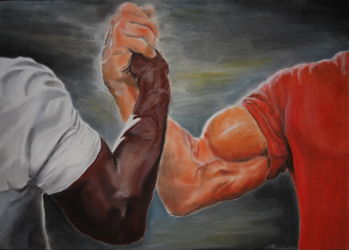 Epic Handshake meme template: A dramatic handshake scene presents two sides joining forces, agreeing on a shared idea, or celebrating an unexpectedly strong partnership.