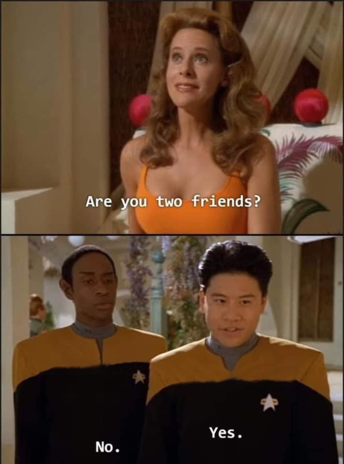 Are You Two Friends? meme template: The top panel shows a woman asking, 'Are you two friends?'. The bottom panel shows two men in uniform, one saying 'No.' and the other saying 'Yes.'