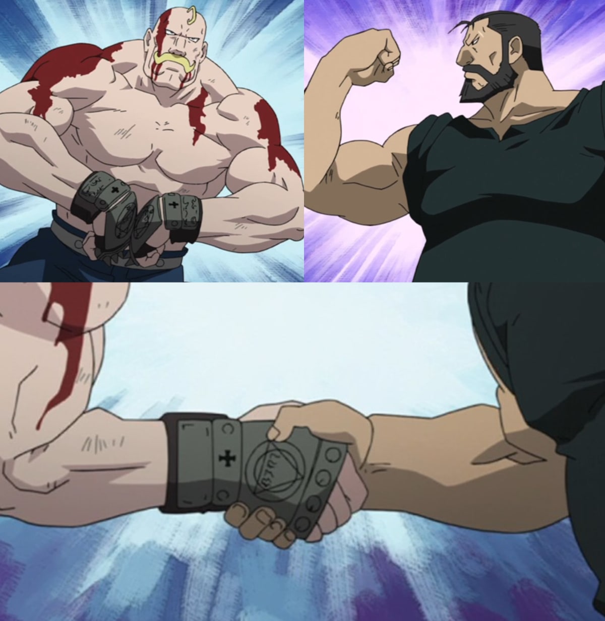 Two Bros Handshake meme template: Three panels showing two muscular cartoon characters flexing their biceps and then shaking hands.