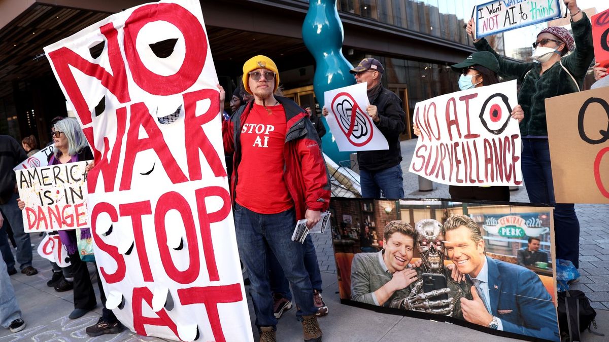 Protesters gather outside OpenAI headquarters in San Francisco on March 3, 2026, raising concerns about AI's use in surveillance and warfare. Credit: mercurynews.com