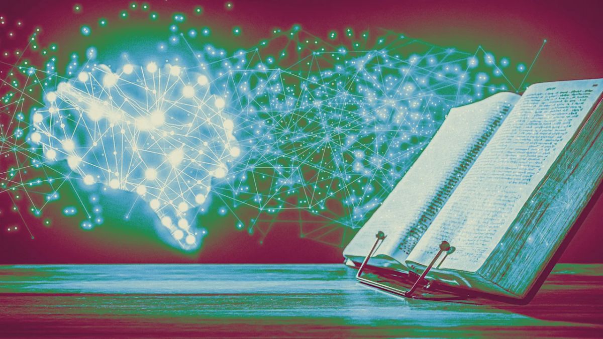 An illustration depicting a journalist writing a review, with AI elements subtly integrated. Credit: fastcompany.com