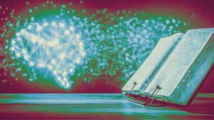 An illustration depicting a journalist writing a review, with AI elements subtly integrated. Credit: fastcompany.com