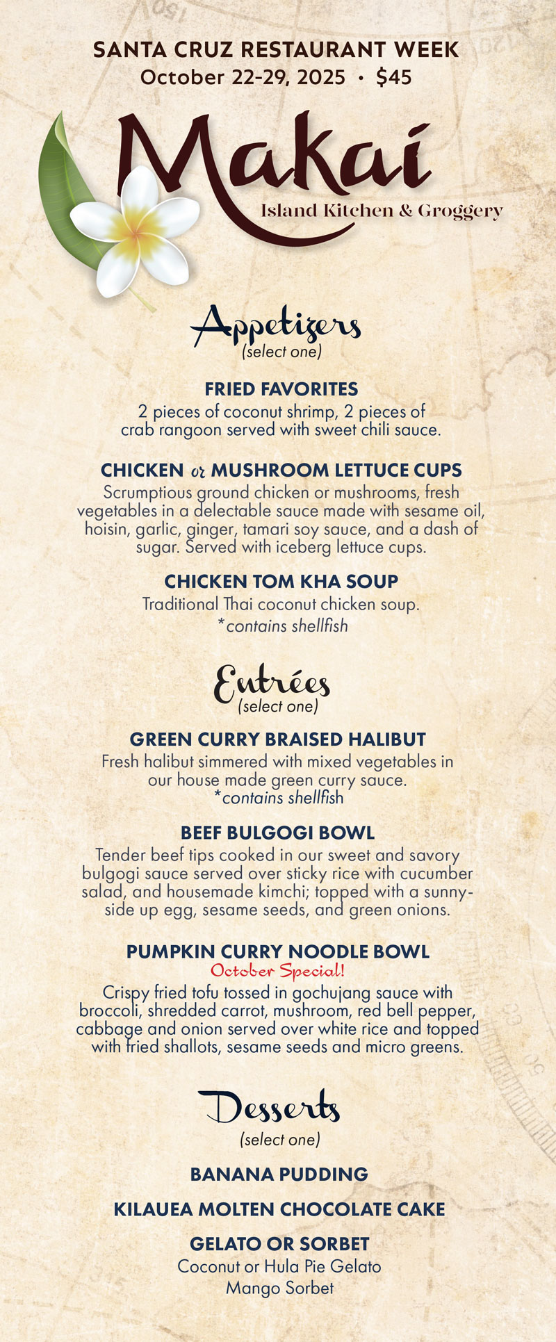 Makai Island Kitchen & Groggerie Restaurant Week Menu