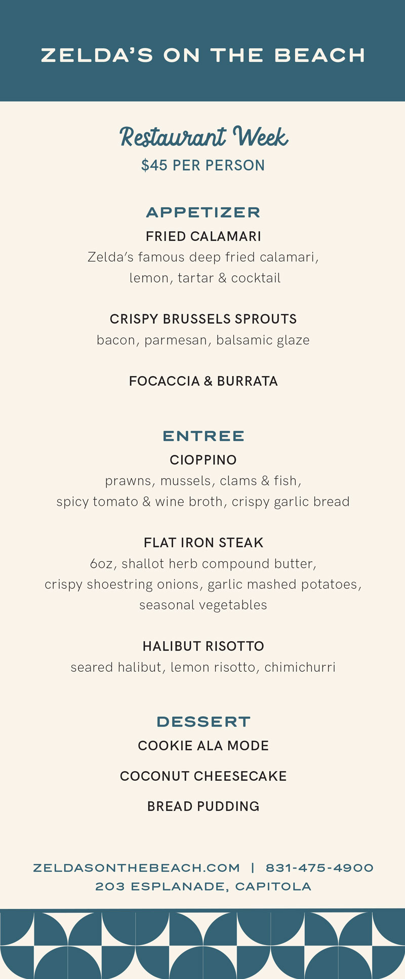 Zelda's on the Beach Restaurant Week Menu