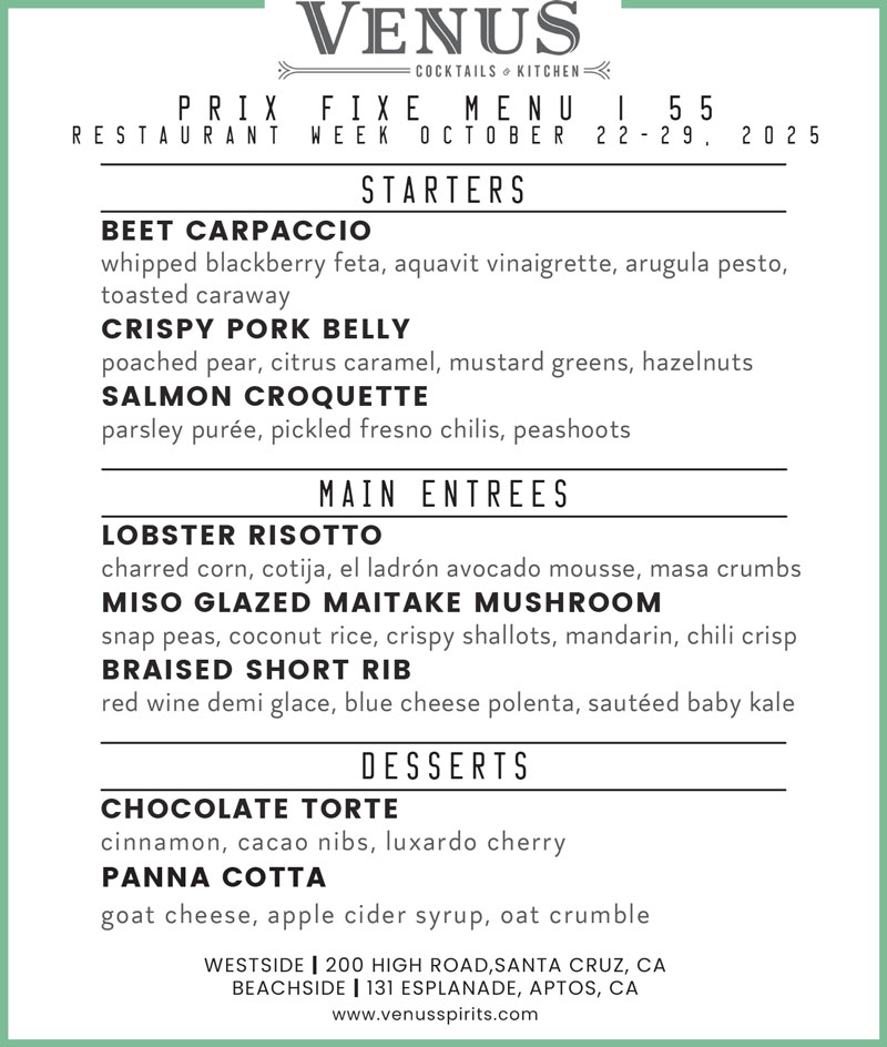 Venus Spirits Cocktails and Kitchen (Westside) Restaurant Week Menu