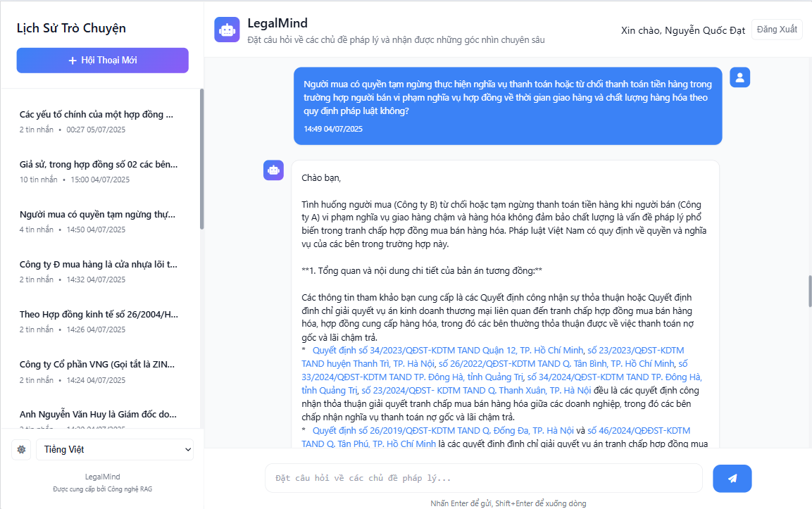 Giao diện chatbot pháp lý