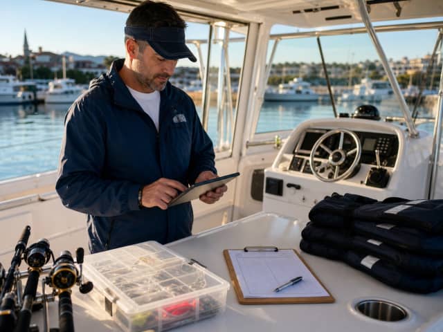 Charter operator reviewing launch details from the boat