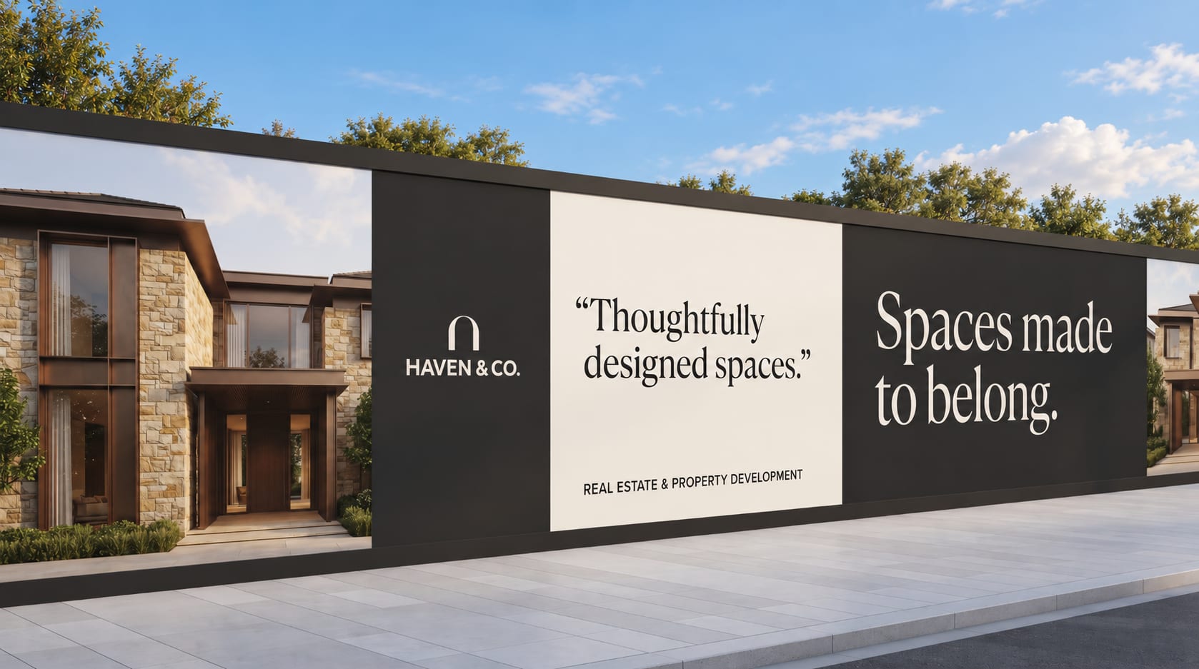Haven & Co. construction hoarding featuring architectural photography, an ivory arch logo, and “Spaces made to belong” lettering across warm ivory and black panels.