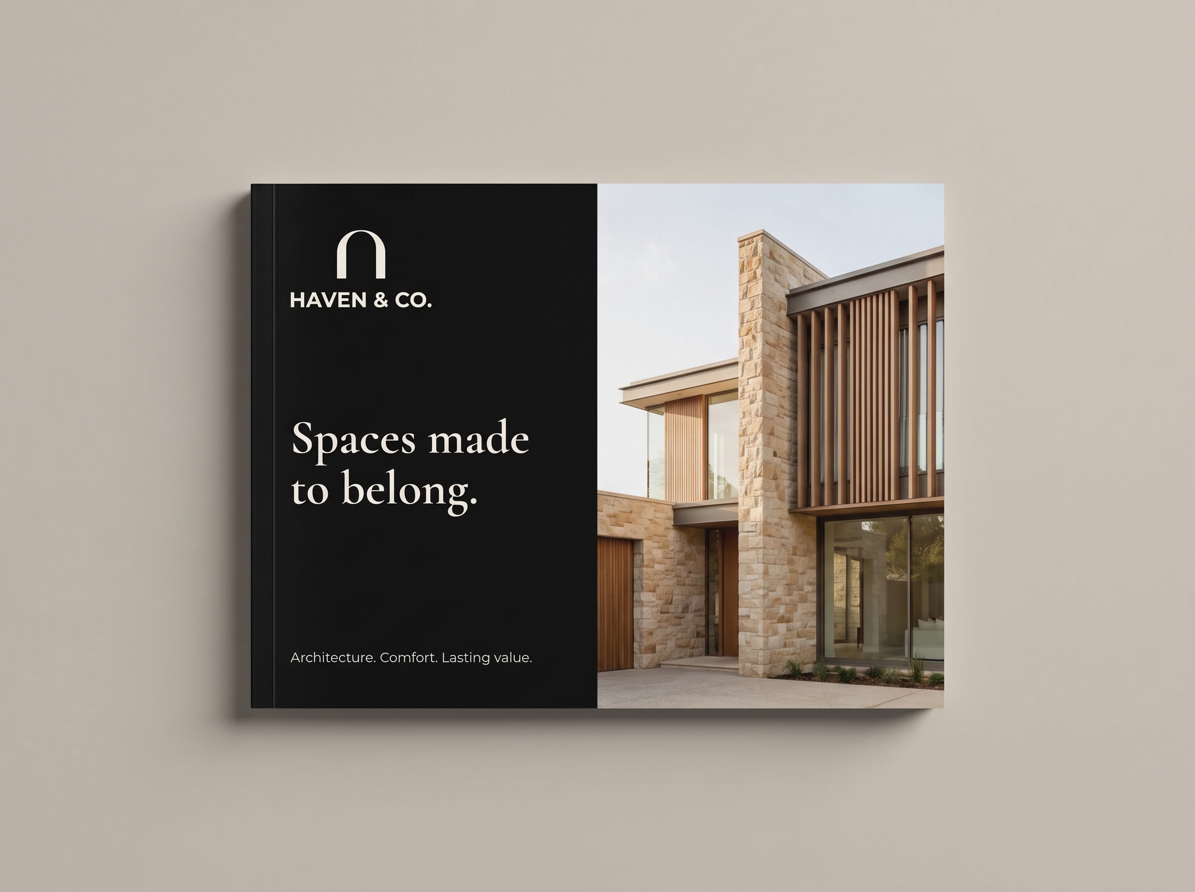 Haven & Co. brochure cover with an ivory text panel, subtle arch pattern and black logo beside architectural photography covering half the design.