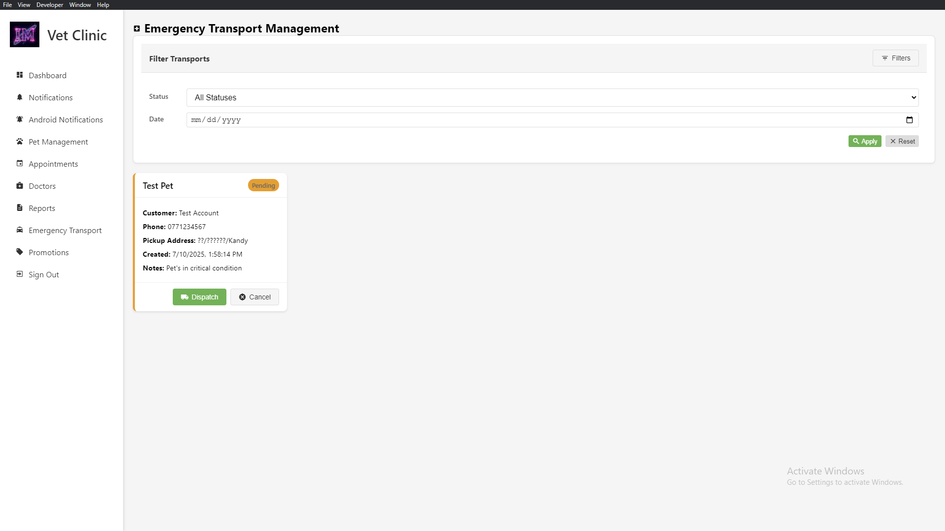 Emergency Transportation Management Section With Filtering and Sorting Option