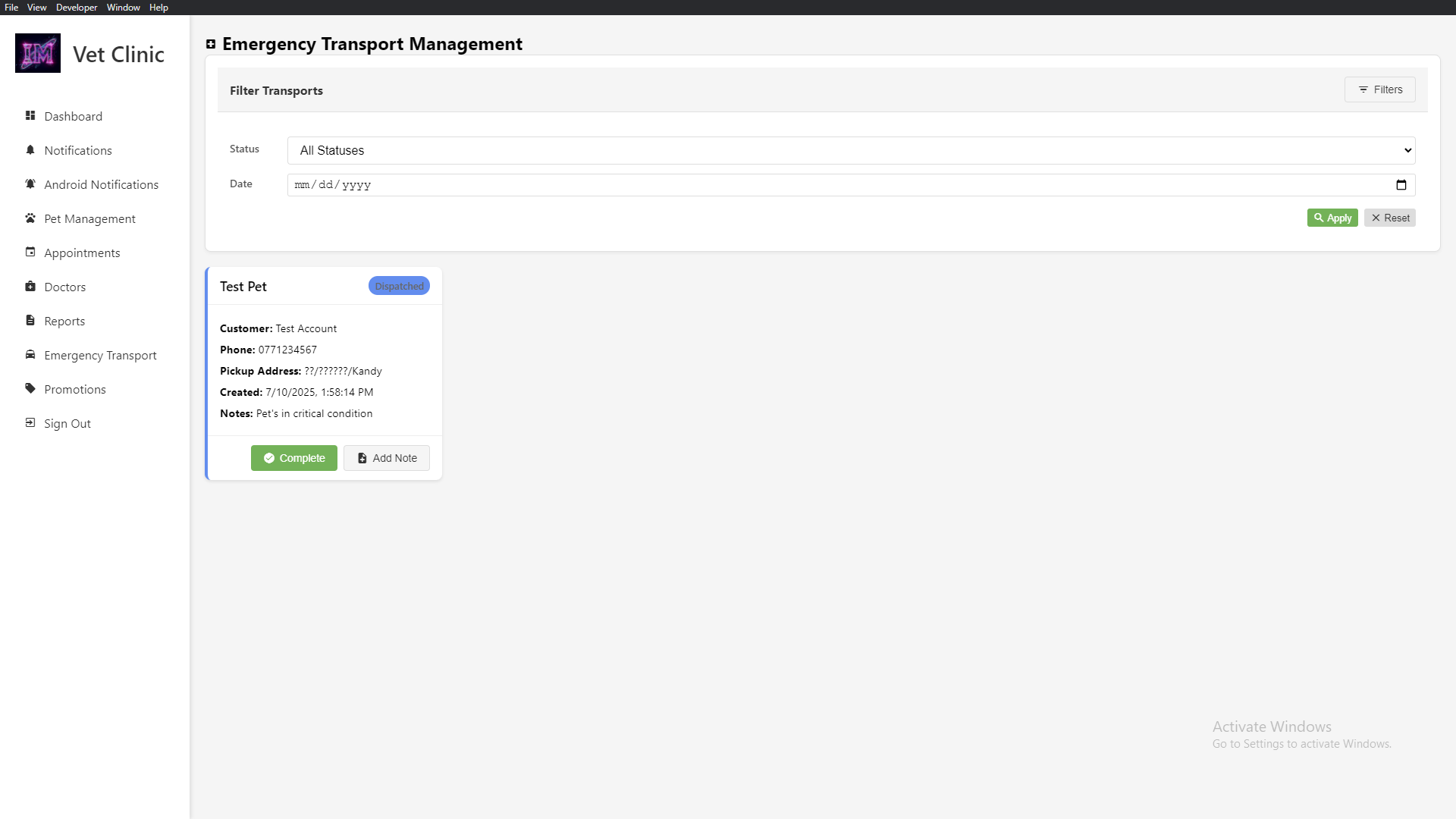 Detailed View Of Customer's Details And The Emergency Transportation And Pet's Condition