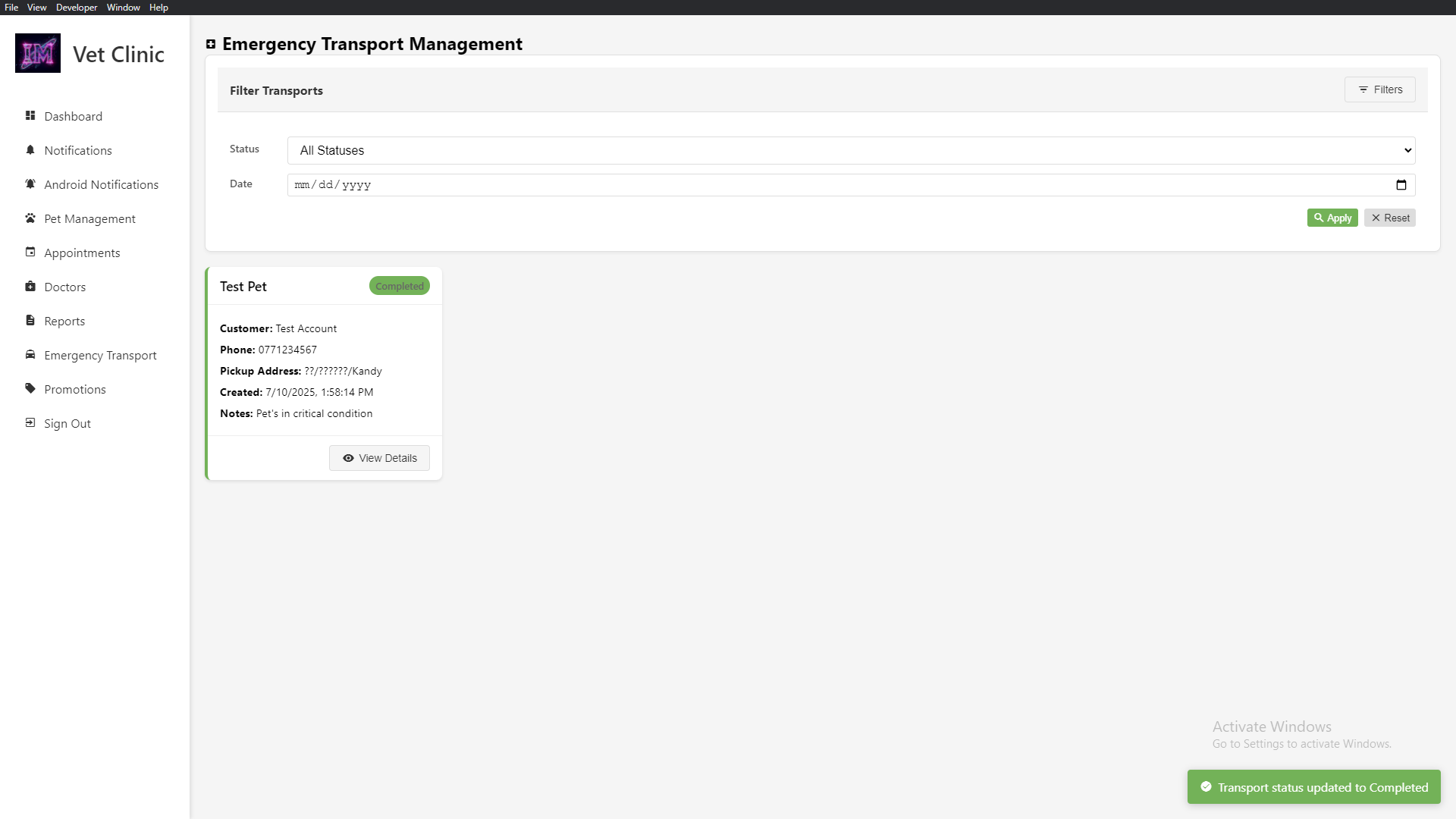 Status Changing Option To Change The Status of the Emergency Transportation