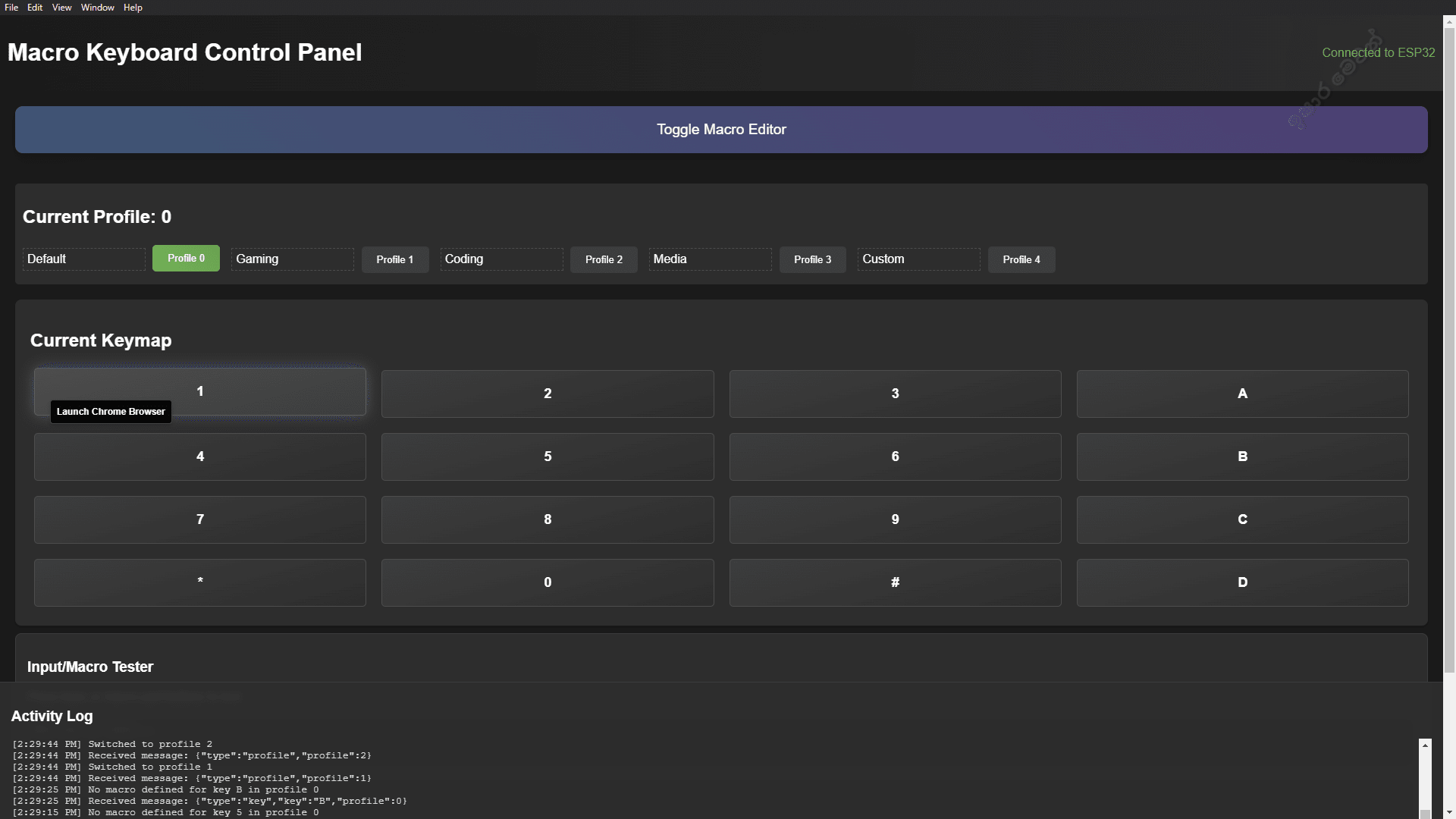Insightful Macro Pad software interface, showcasing multiple user profiles and detailed current keymap configurations for seamless personalization.