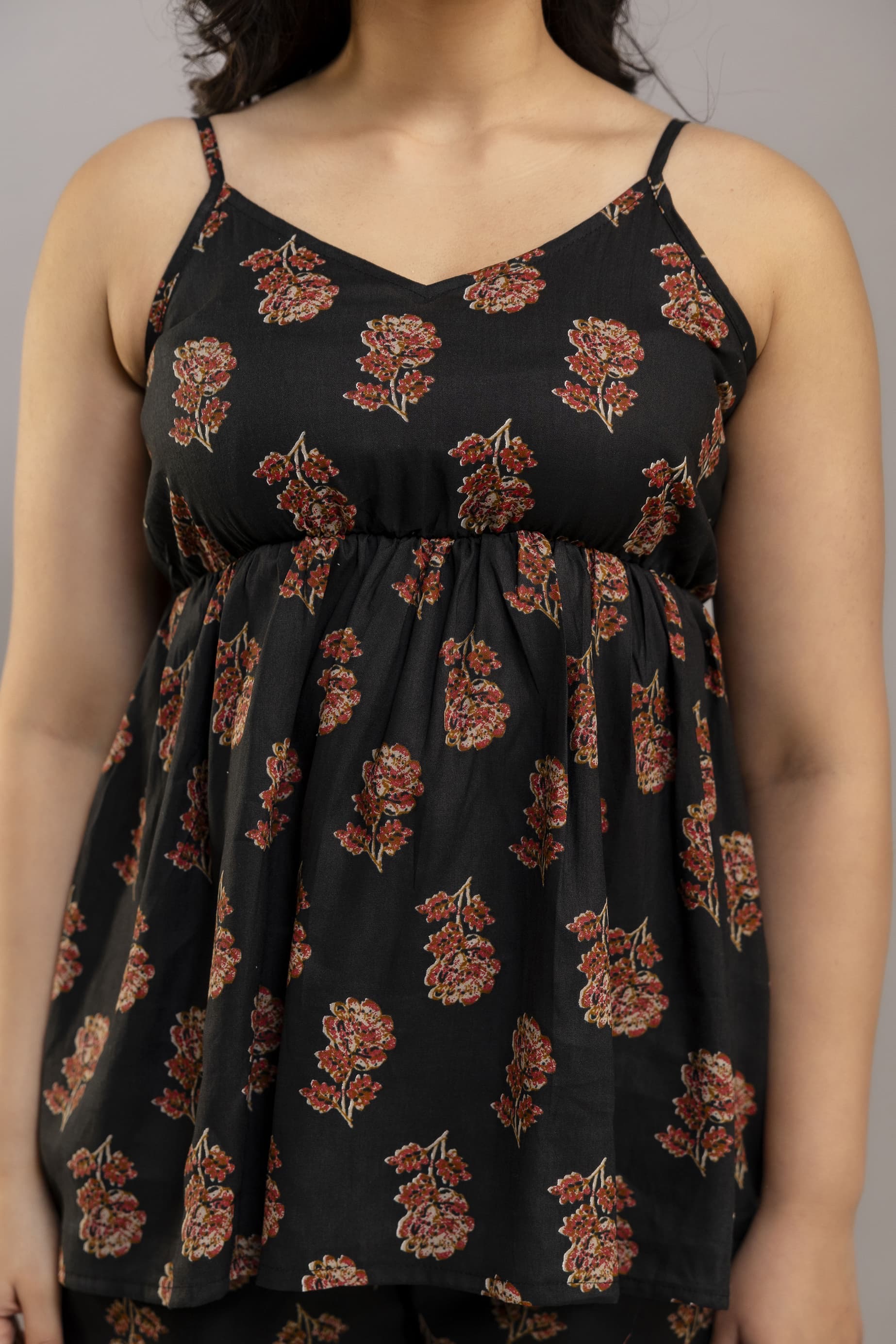 Black Spaghetti Strap Floral Co-ord Set for Women