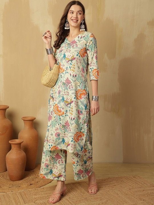 Elegant Floral Print Cotton Kurta Set