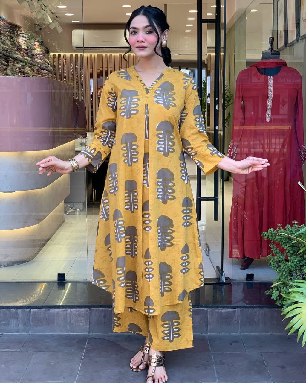 Yellow Handblock Printed Cotton Kurta Set