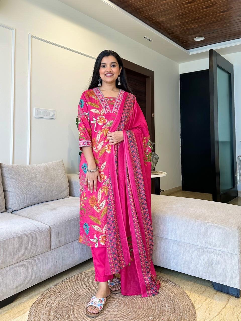 This Kurti,pant& dupatta set is perfect for the summer season with its vibrant floral print and confident pocket one side. Plus, the included matching dupatta completes the look and adds an extra touch of style.