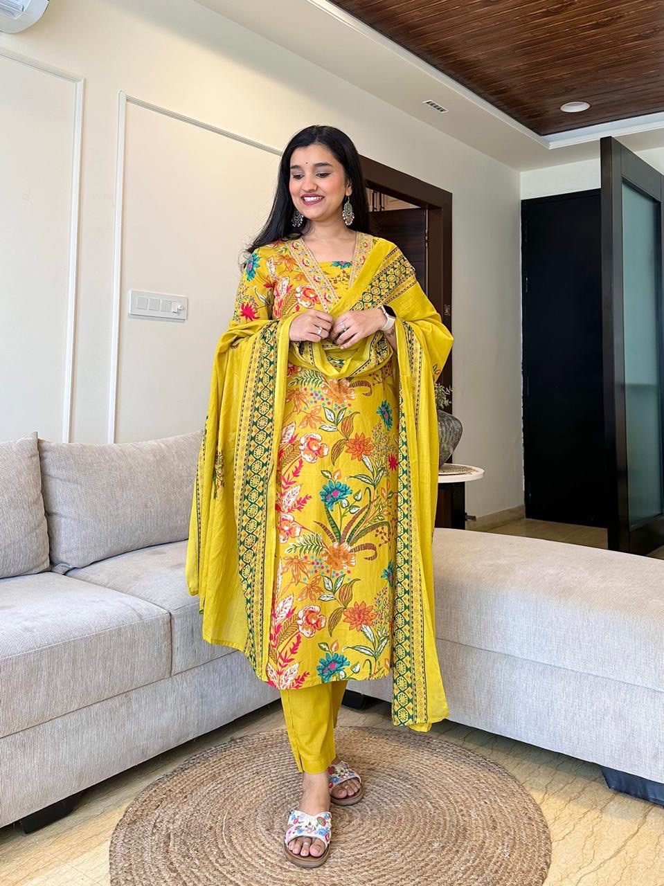 This Kurti,pant& dupatta set is perfect for the summer season with its vibrant floral print and confident pocket one side. Plus, the included matching dupatta completes the look and adds an extra touch of style.