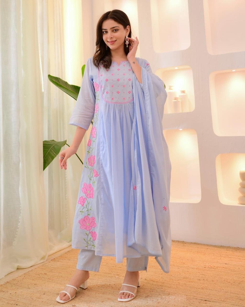 Featuring beautiful Heavy Suit Set which is beautifully decorated with handwork weaving and  embroidery with matching pants and  dupatta.  Pattern  embroidery workon yoke