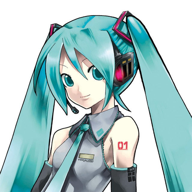Ilustrasi Hatsune Miku, karakter vokalis virtual dengan rambut biru toska panjang diikat ekor kuda, mengenakan pakaian futuristik dan headset.