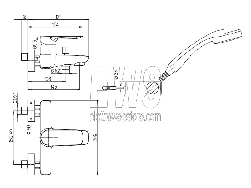 PAINI PILOT MISCELATORE DA VASCA ESTERNO CON DOCCIA DUPLEX