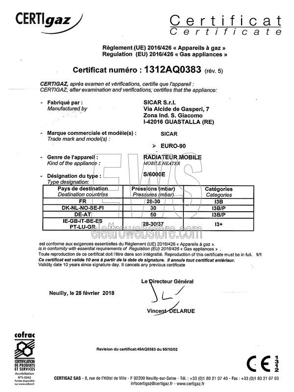 Sicar chauffage infrarouge LPG EURO90 gris 4200 W Certificat de conformité