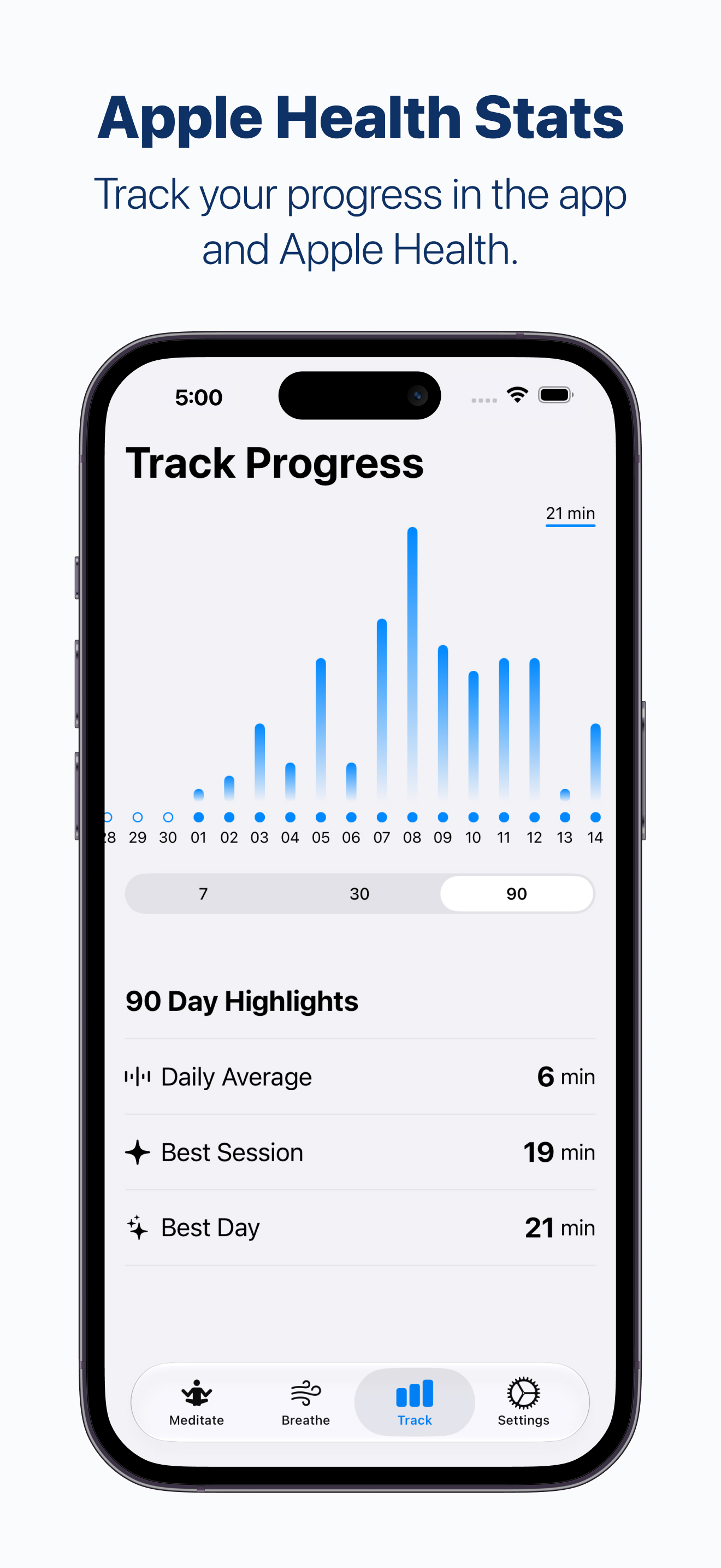 Apple Health Stats: track progress in Zenti and Apple Health, with a daily meditation chart and 90-day highlights for daily average, best session, and best day.