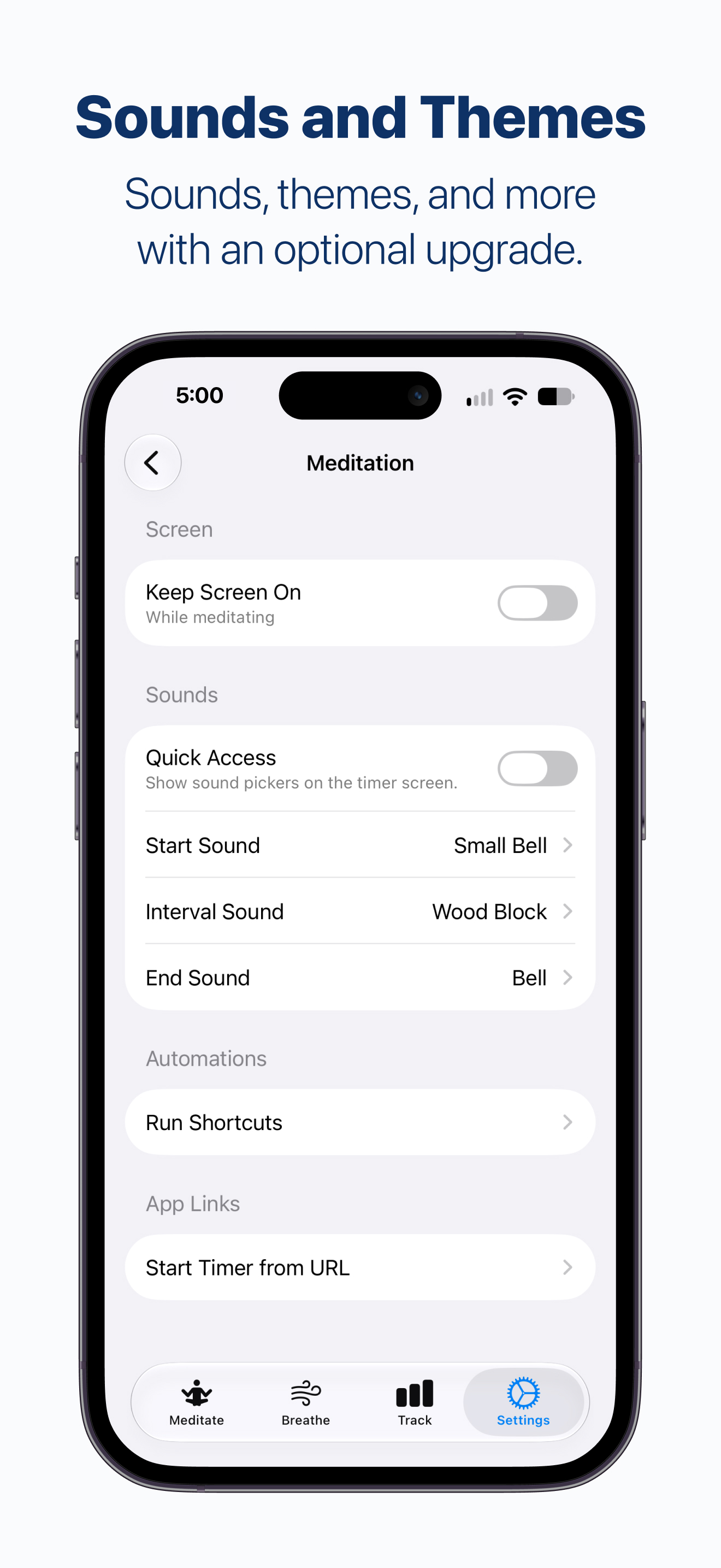 Sounds and Themes: customize Zenti with an optional upgrade. Meditation settings show start, interval, and end sounds, plus shortcut and timer link options.