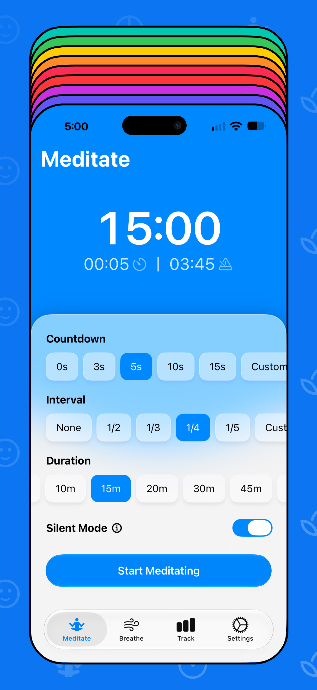 Zenti meditation setup with a 15-minute timer, 5-second countdown, quarter-session intervals, and silent mode, backed by a stack of color themes.